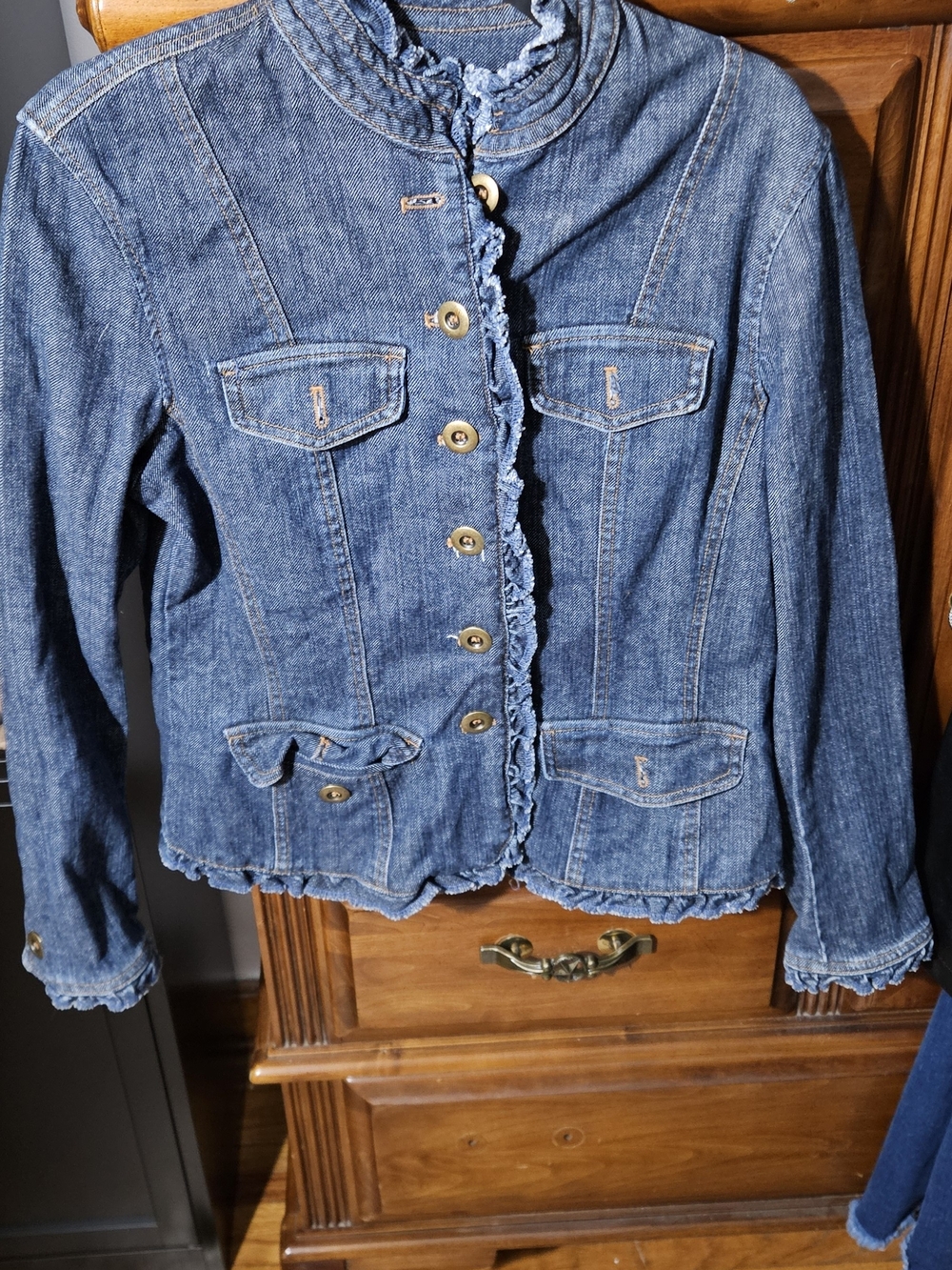 Jones New York Ruffle-Trim Denim Jacket in Medium Blue